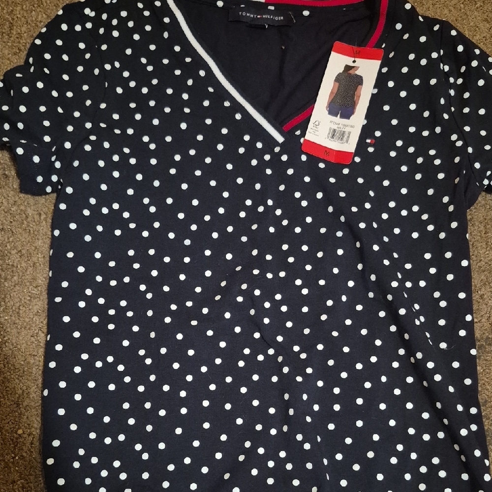 Tommy Hilfiger Women's Black and White Polka Dot Tee